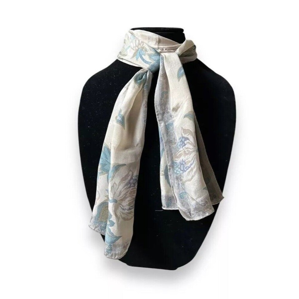 Beige Light Blue & Green Rectangular Scarf 52” X 10” Liz Claiborne Floral Scarve